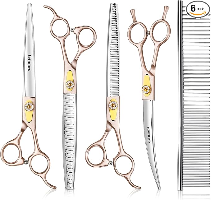 Gimars 8 Inch Professional 440C Stainless Steel Dog Grooming Scissors Heavy Duty 6 In 1 - Straight, Thinning, Chunker, Curved Shears and Comb, Ergonomic Pet Grooming Scissor for Dogs, Cats