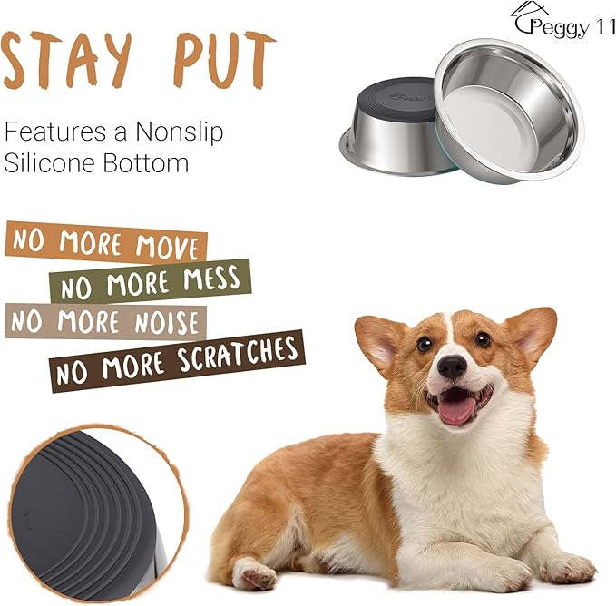 PEGGY11 Deep Stainless Steel Anti-Slip Dog Bowls - Single Pack, 3 Cups