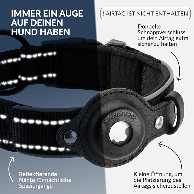 CollarDirect Airtag Dog Collar Reflective Nylon Neoprene Leather Holder for Apple Air Tag for Large, Medium, and Small Dogs (Black, XL, 20-24 Inch)