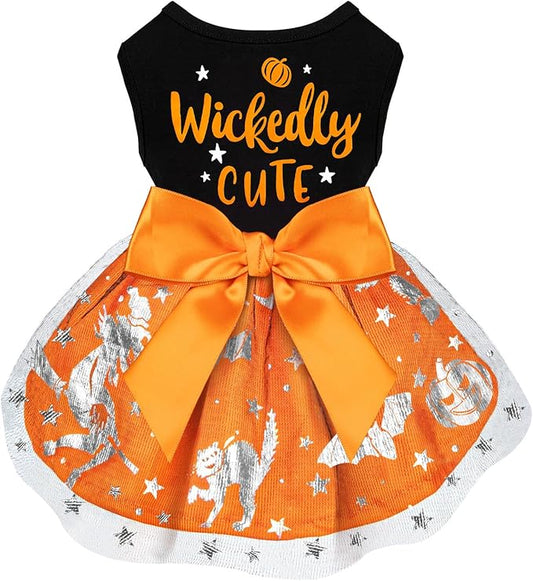 Dog Halloween Costumes Dog Dresses, Halloween Costumes for Dogs Funny Puppy Dress with Bow for Small Large Dogs, Pumpkin Witch Bat Pet Costume Halloween Christmas (X-Small, Wickedly Cute)