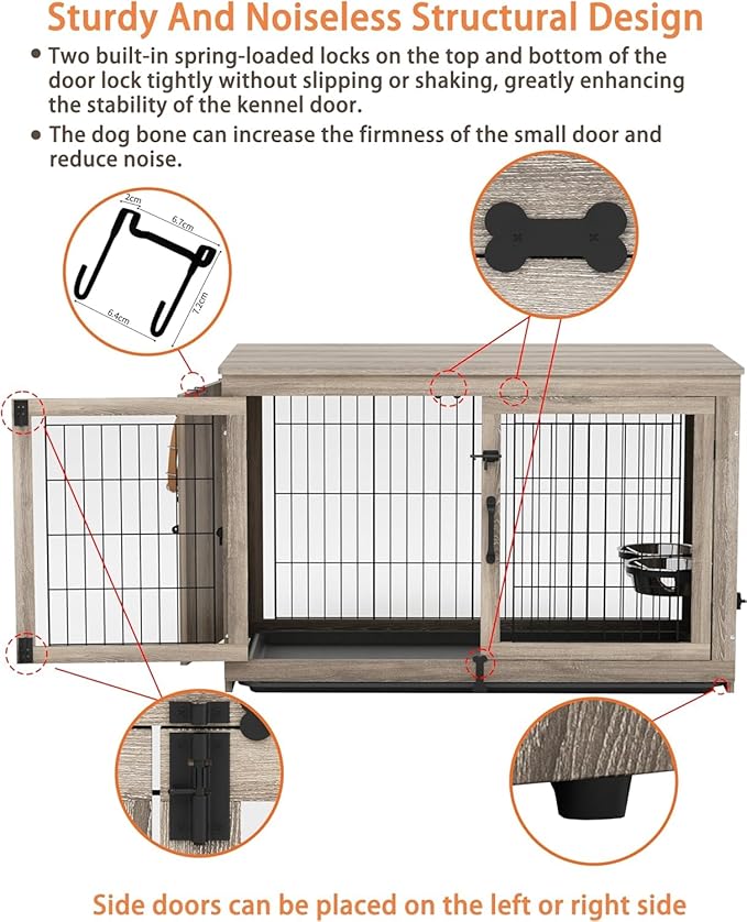 Piskyet Wooden Dog Crate Furniture with 360°Rotatable Removable Dog Bowls, Dog Crate End Table with Tray, Double Doors Dog Kennels for Dogs(XL:43.2" L*28.6" W*30.3" H, Gray)