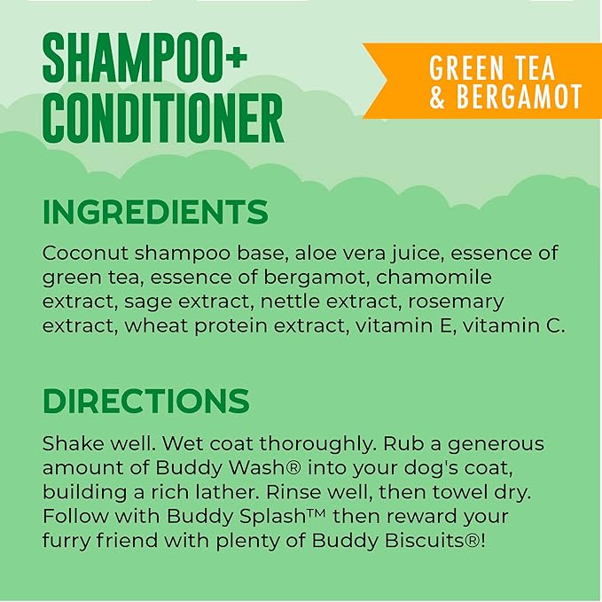 Buddy Grooming Wash 2 in 1 Dog Shampoo, Green Tea & Bergamot, 16 oz. Bottle