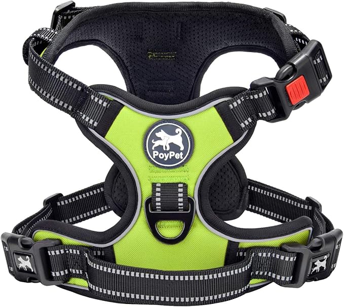 PoyPet No Pull Dog Harness, No Choke Front Clip Dog Reflective Harness, Adjustable Soft Padded Pet Vest with Easy Control Handle for Small to Large Dogs(Green,S)