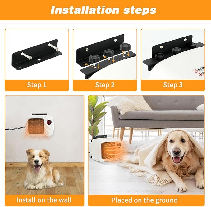 Dog House Heater with Thermostat, Wall-Mounted Dog Heater with 6.5FT Bite Proof Wire, Heater for Dog House with Safe Overheat Protection(2 Heating Mode 200W/400W)