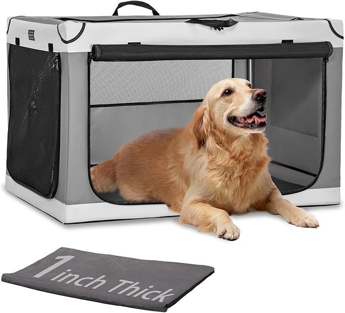 PETSFIT Portable Dog Crate, Soft Dog Crate - 36 Inch Easy Set-up, Light, Sturdy, Comfy Inside with Thicken Mat, Collapsible Crate for Home and Travel Light Grey