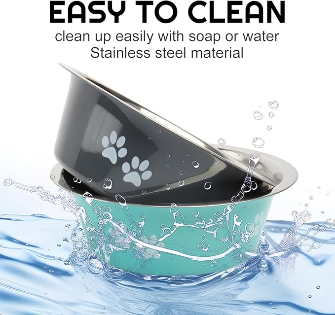 Stainless Steel Dog Bowls 2 Pack Medium Large Dogs Feeding Food Water Bowl with Non-Slip Silicone Sole, Stainless Steel Dog Dishes Elevated Raised Pet Feeder (Green+Grey, L(6.6 Cups))