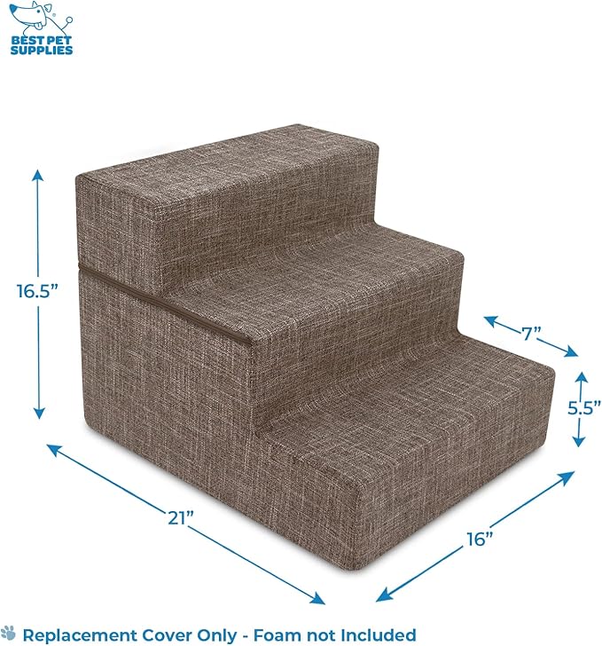 Best Pet Supplies Portable Foldable Foam Pet Stairs/Steps for Couch, Sofa, and High Bed, Non-Slip Bottom Balanced Paw Safe - Brown Linen, Foldable 3-Step (H: 16.5")
