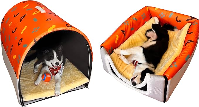Dog Bed,2 Ways to Use,Indoor Pet House with Fluffy Mat,Removable and Washable Cover,Splash-Proof House and Non-Slip Bottom,for Large Dogs(2XL Orange & Gray)