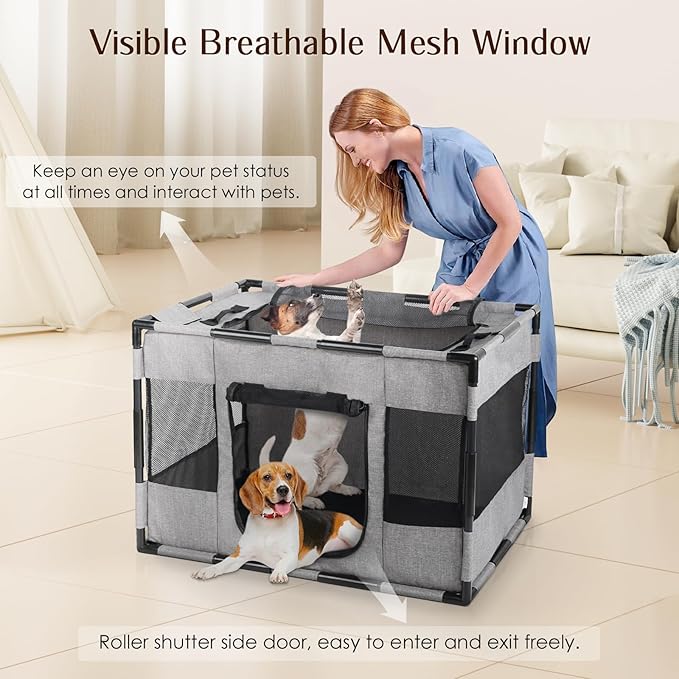 Dog Playpen, Portable Pet Playpen, Oxford Fabric Puppy Playpen, Breathable Dog Pen for Puppy, Kitten, Rabbit, Tent Crates Cage for Indoor/Outdoor, Top and Bottom with Zipper (S Grey)