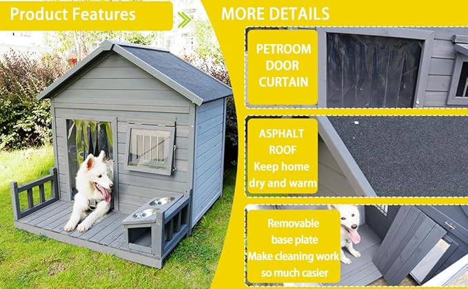 Outdoor Large Dogs House with Spacious Terrace,Open Waterproof Asphalt Roof Dog Kennel W/Breathable Window & 2 Feeding Stainless Bowls,Removable Floor Dog Cage for Large Dogs,Gray