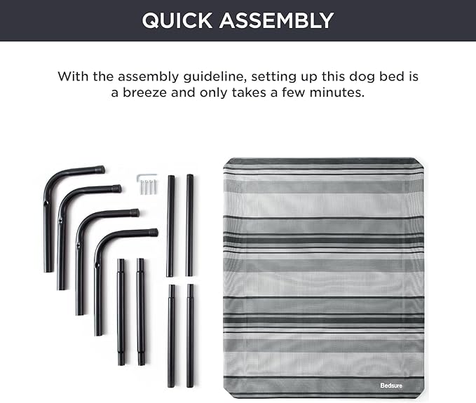 Bedsure XL Elevated Outdoor Dog Bed - Raised Dog Cots Beds for Extra Large Dogs, Portable Indoor & Outdoor Pet Hammock Bed with Skid-Resistant Feet, Frame with Breathable Mesh, Striped Grey