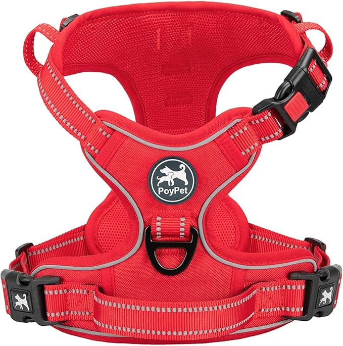 PoyPet No Pull Dog Harness, No Choke Reflective Dog Vest, Adjustable Pet Harnesses with Easy Control Padded Handle for Small Medium Large Dogs(Red Matching Trim,S)