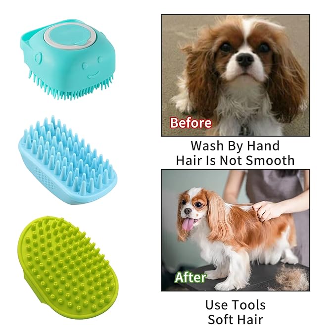 3Pcs Dog Bath Brush Set Pet Grooming Brush with Adjustable Handle Pet Shower Washing Shampoo Scrubber Brush for Short Long Haired Dogs Cats (Blue, Green, Blue)