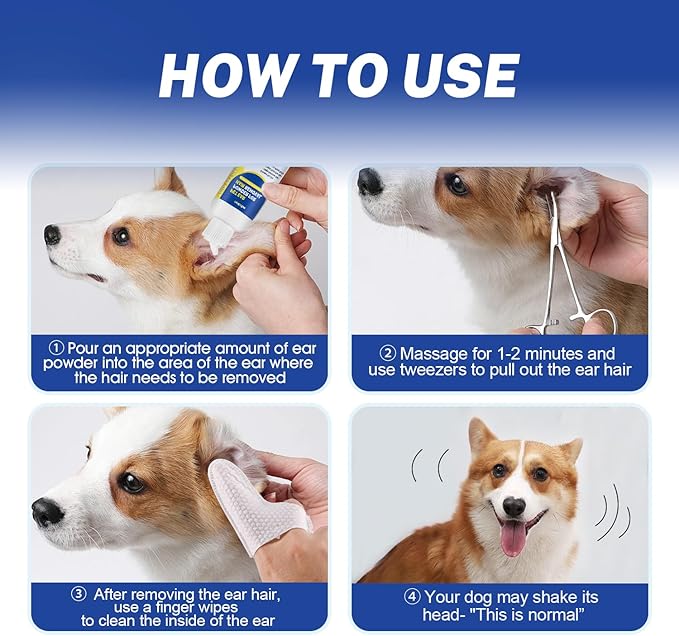 Dog Ear Hair Removal Tool,Dog Ear Infection Treatment with 5.5 Inch Tweezers Curved, Dog Ear Finger Wipes,All Natural Ingredients,Soothes Itchy Ears & Relieve Scratching