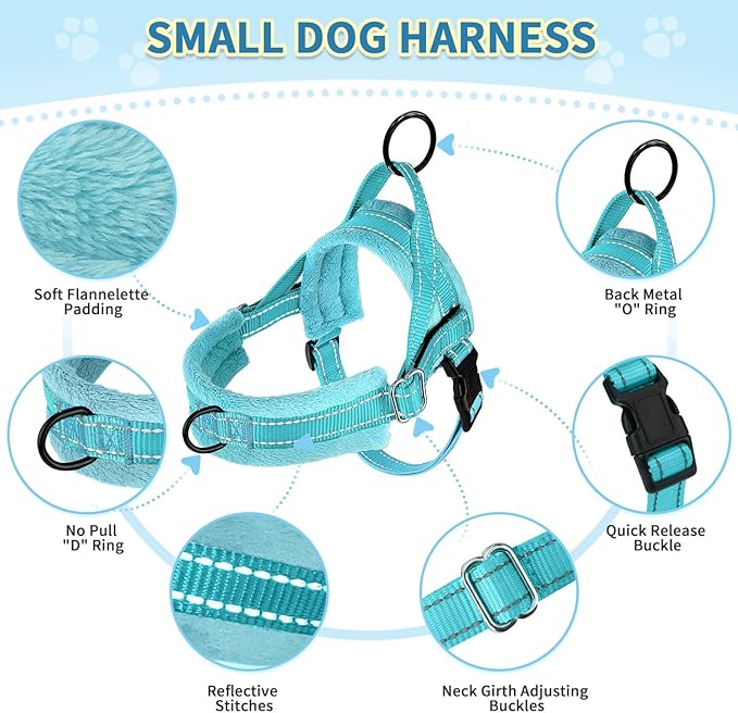 SlowTon No Pull Small Dog Harness and Leash Set, Puppy Soft Vest Harness Neck & Chest Adjustable, Reflective Lightweight Harness & Anti-Twist Pet Lead Combo for Small Medium Dogs (BL-Front Clip,XS)