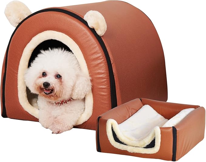 Dog Bed or Cat Bed,2 Ways to Use,Indoor Pet House with Fluffy Mat,Removable and Washable Cover,Splash-Proof House and Non-Slip Bottom,for Cats and Small Dogs(M Brown Faux Leather)
