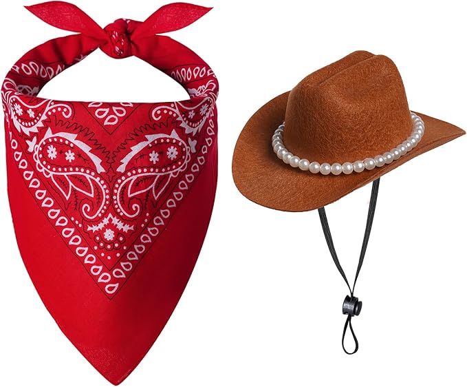 Pet Cowboy Costume Accessories Halloween Costumes for Small Pet Dogs Cat Cowboy Hat for Dogs and Bandana Scarf Halloween Party Western Cosplay Accessories (Brown, Small)