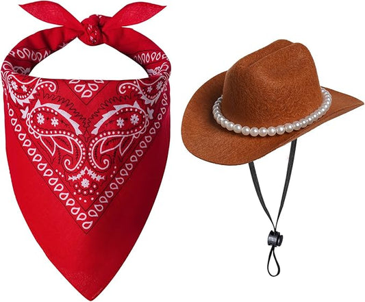Pet Cowboy Costume Accessories Halloween Costumes for Small Pet Dogs Cat Cowboy Hat for Dogs and Bandana Scarf Halloween Party Western Cosplay Accessories (Brown, Small)