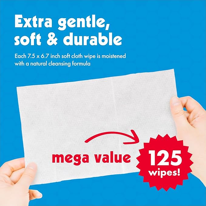 Petkin Mega Valu-Pak Pet Wipes, 125 Wipes - Pet Wipes for Dogs & Cats - for Face, Paws, Ears, Body & Eye Area - Super Convenient Dog Cleaning Wipes