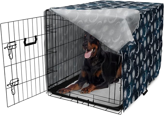 Ambesonne Sun and Moon Dog Crate Cover, Heavenly Bodies in Starry Night Sky Graphic Theme, Easy to Use Pet Kennel Cover for Medium Large Dogs, 42 Inch, Blue Grey