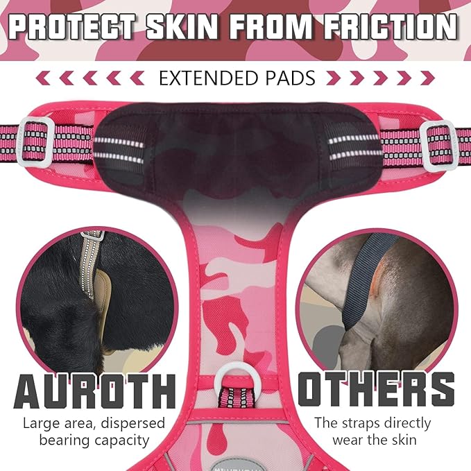 Auroth Tactical Dog Harness for Small Medium Large Dogs No Pull Adjustable Pet Harness Reflective K9 Working Training Easy Control Pet Vest Military Service Dog Harnesses Extra Large, Pink Camo