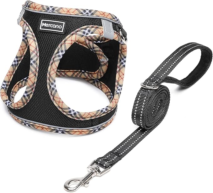 Mercano Soft Mesh Dog Harness and Leash Set, No-Chock Step-in Reflective Breathable Lightweight Easy Walk Escape Proof Vest Harnesses with Safety Buckle for Small Medium Dogs, Cats (Black Yellow, L)