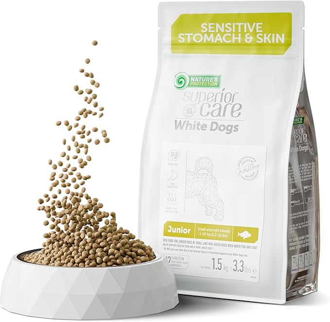 Nature's Protection Superior Care White Dogs Grain-Free Dry Dog Food for Junior Light Coated Dogs, White Fish, 3.3 lbs.