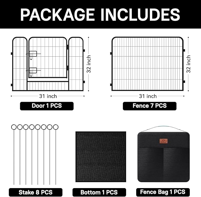 PJYuCien Dog Playpen Plus Storage Bag，32" H 8 Panels Puppy Pen with Square Bottom,Heavy Duty Dog Fence for Puppies/Small Dogs
