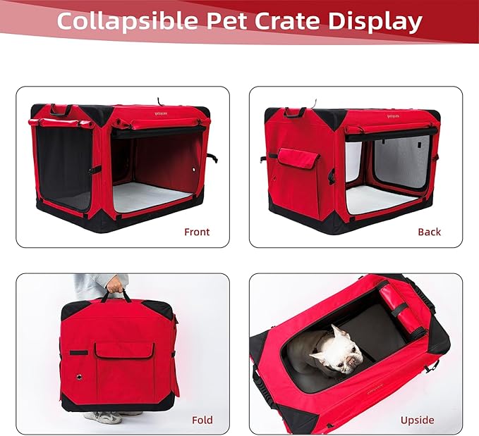 Pettycare 42 Inch Collapsible Dog Crate with Curtains Travel Dog Crate for Airflow and Calm Soft Pet Kennel with Portable Bag and More Chew Proof Mesh Indoor & Outdoor Red 4 Door Curtains