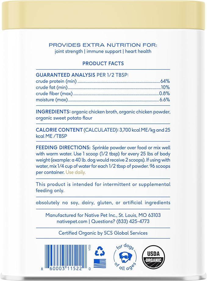 Native Pet Bone Broth for Dogs and Cats –Dog Bone Broth Powder, a Dog Food Topper for Picky Eaters –Cat Broth & Dog Broth - Dog Gravy Topper for Dry Food –Chicken Broth for Dogs & Cats –11.5 oz