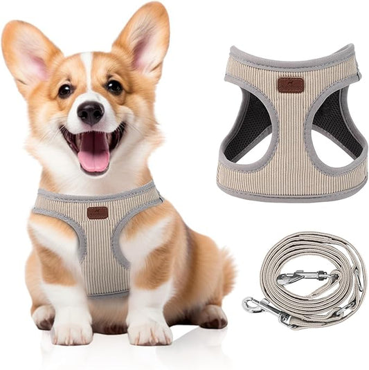 Dog Harness with Multifunction Dog Leash,No Pull Reflective Step-in Harness for Soft Adjustable No Choke Escape Proof,Easy Walk Dog Harness for Medium Dogs (Beige &Grey, L)