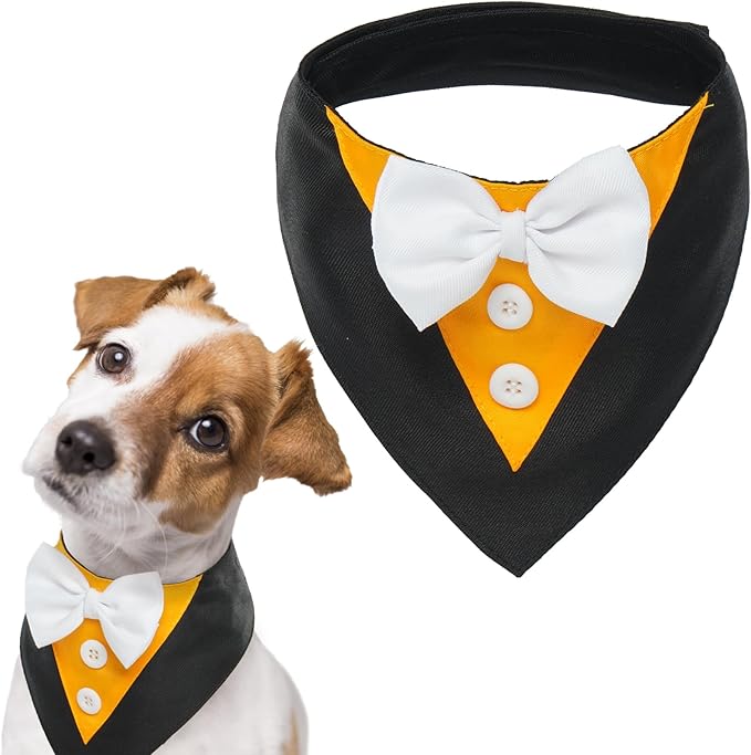 FUAMEY Tuxedo Bandana Collar With Bow Tie - Dog Wedding Attire, Birthday Costume, Valentines Cosplay for Small Medium Large Pets - Adjustable Pet Party Tux for Halloween L