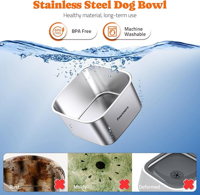 Dog Water Bowl No Spill, 4.5L Stainless Steel Dog Floating Bowl, Slow Water Bowl for Dog with Filter, Non-Slip Base, No Splash Water Bowl for Medium Large Messy Drinkers Grey