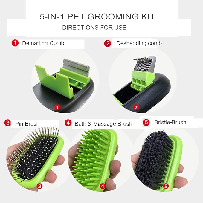 5 in 1 Pet Grooming Kit Dog Brush & Cat Brush Set 2 Sided Detachable Dematting Deshedding Comb for Stubborn Mats & Tangles,Hair Removing,Bath&Massage