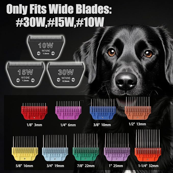 Black 10W/15W/30W Wide Clipper Blade & Dog Stainless Steel Wide Clipper Attachment Guard Comb Set for A5 Series | Snap-On/Off Design Combs,Only Fir for 10W/15W/30W Wide Blade (12-Piece)