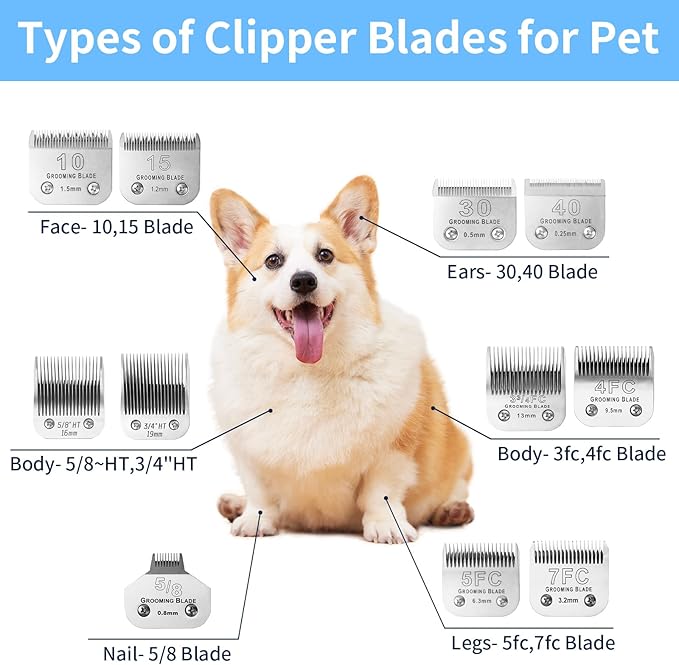4FC+5FC+7FC+3-3/4FC Detachable Dog Grooming Blades, Compatible with Andis, Oster A5, Wahl KM10 Series Clippers, Cut Length 3.2mm-13mm, Silver