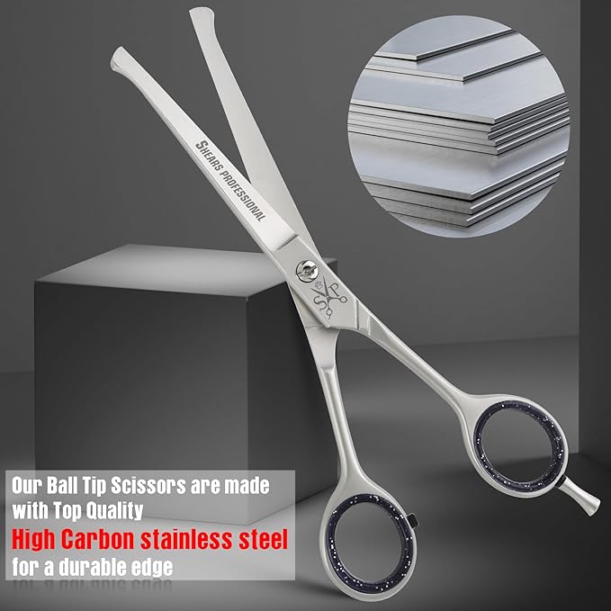 Ball Tip Curved Shears - Pet Grooming Essential - Scissors for Dogs - Safety Round Tips - Stainless Steel Dog Grooming Scissor - 6.5 In