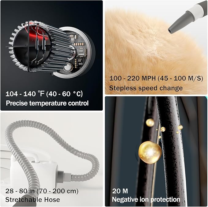 PET Marvel Dog Dryer, High Velocity Pet Blow Dryer for Grooming, Adjustable Temperature and Speed with 3 Nozzles, Professional Force Pet Hairdryer Home Travel