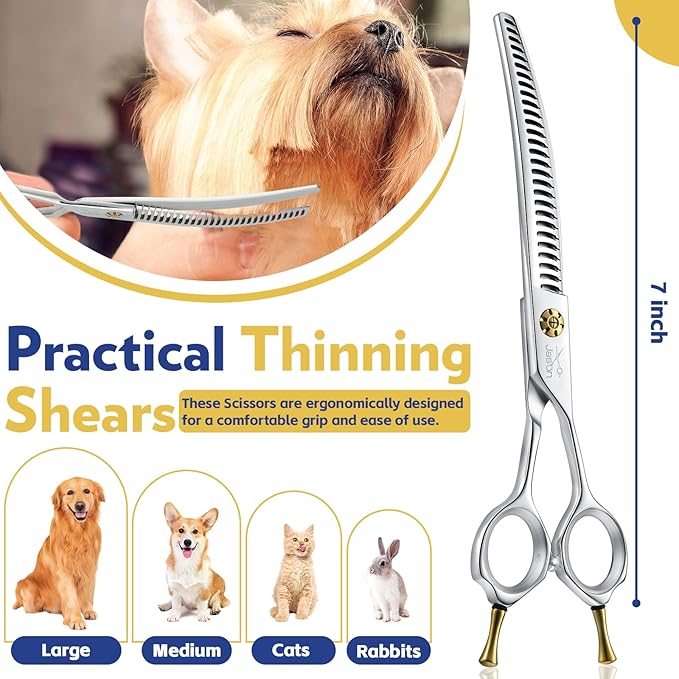JASON 7" Dog Grooming Shears - Professional Down-curved Chunker Shears with 60%-65% Thinning Rate, Japanese 440C Stainless Steel Dog Grooming Chunkers with Adjustable Screw (28 Teeth, Silver)