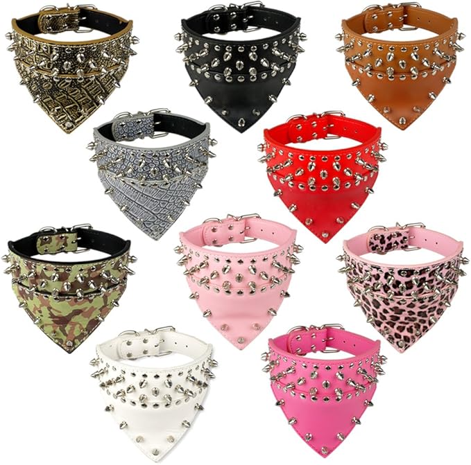 Dogs Kingdom 20"-26" Length Triangle Collar Design Spiked Silver Rivets Studded Leather Dog Collar Heavy Duty for Medium Large Breeds Pitbull Mastiff Boxer Bully White L