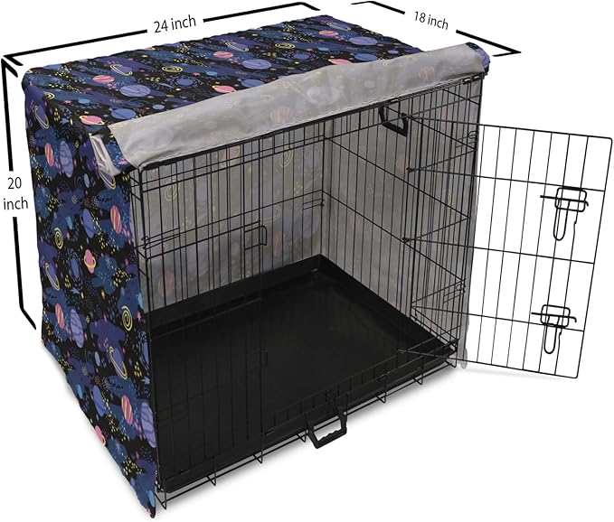 Ambesonne Galaxy Dog Crate Cover, Outer Space Planets Cosmic Journey Milky Way Zodiac Moon Doodle, Easy to Use Pet Kennel Cover for Cats & Medium Dogs, 24 Inch, Blue Pink