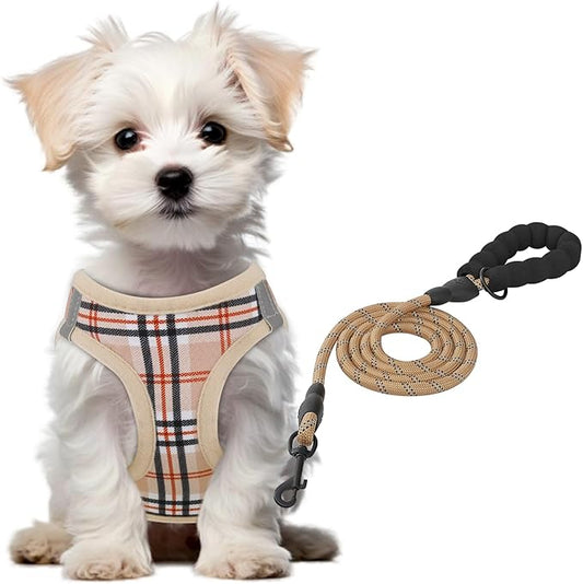 Athena Collection Small Dog Harness with 5 ft Leash, Step-in Dog Harness Leash Set Extra Small No Pull Dog Vest Harness with Reflective Strips Adjustable Velcro, Easy Walk Puppy Harness, Beige