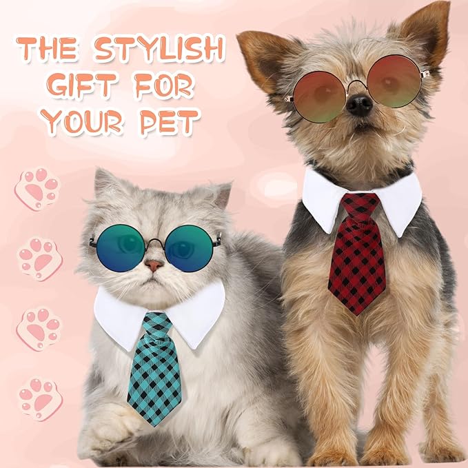 Weewooday 8 Pcs Pet Dog Cat Costume Cat Tie Collar Glasses for Small Dog Round Metal Retro Sunglasses Tie Pet Costume Tuxedo Necktie Collar Puppy Accessories Halloween Cosplay Party(Elegant Colors)