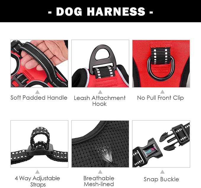 PHOEPET No Pull Dog Harness Medium Reflective Front Clip Vest with Handle,Adjustable 2 Metal Rings 3 Buckles[Easy to Put on & Take Off](M, Red)