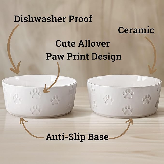 Ceramic Dog Bowl Set of 2 with Anti-Skid Base - 7.5" Wide x 3" Tall Ceramic Dog Bowls for Large Dogs - 5 Cup Capacity Food and Water Bowls for Dogs - Rubber Bottom Pet Bowl Set of 2 for Large Pets