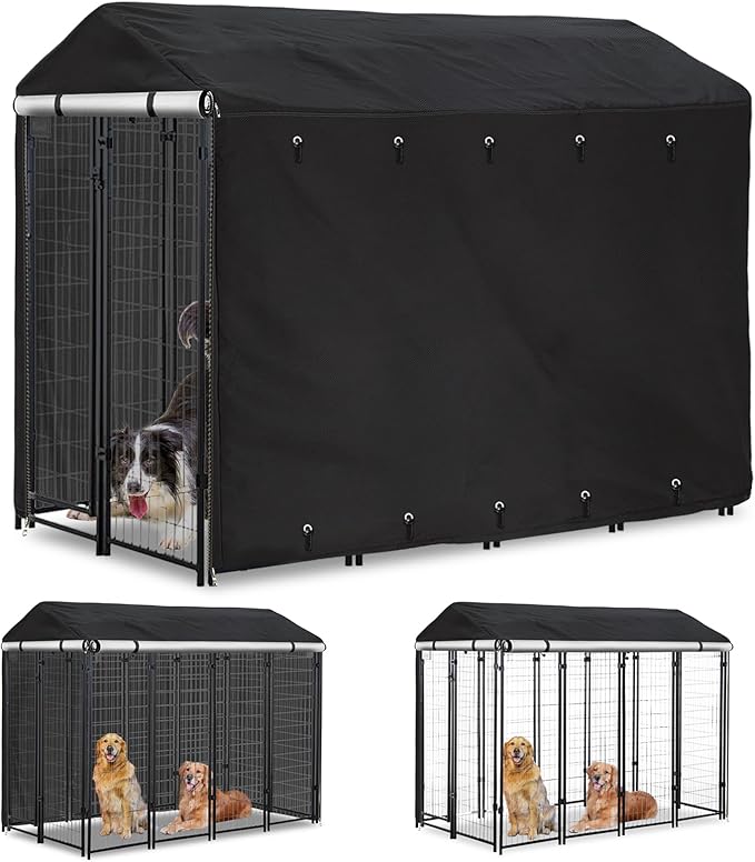 Classic Black Outdoor Dog Kennel Cover 8'Dx4'Wx6'H Full Coverage Windproof Anti-UV.Waterproof Dog Kennel Cover for Multiple Brands of Dog Kennels,Cover Only,Classic Black.(Patent Pending)