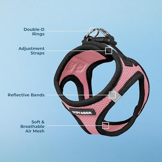 Voyager Step-in Air Dog Harness - All Weather Mesh, Reflective, No Pull Harness for Small, Medium Dogs, Cats - Secure with Hook & Loop Fastener, Buckle, Double D-Rings - Pink/Black Trim, XL