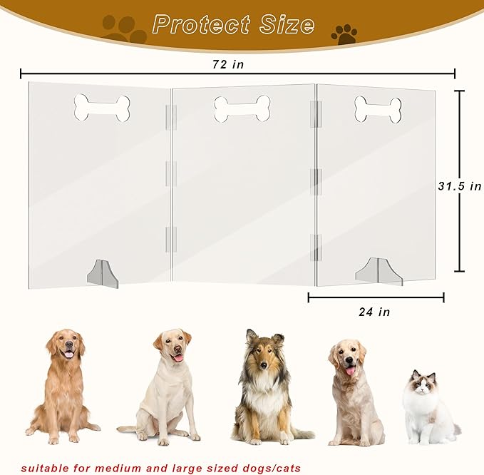 Clear Acrylic Dog Gate, 3 Panel 72" W x 31.5" H, Transparent Freestanding Pet Playpen Indoor, Foldable Pet Fence Barrier for Doorway with Handle/Support Feet