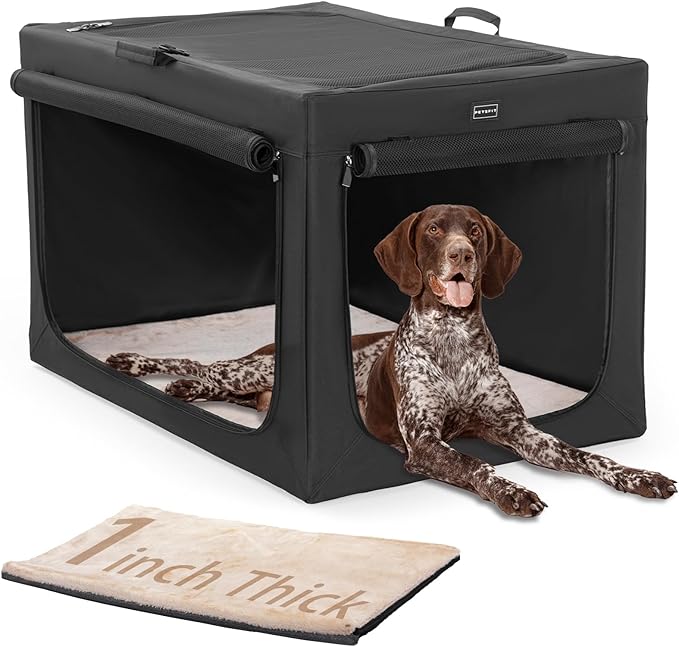 PETSFIT Portable Dog Crate, Soft Sided Dog Crate - 40 Inch Easy Set-up, Light, Sturdy, Comfy Inside with Thicken Mat, Collapsible Crate for Home and Travel Black