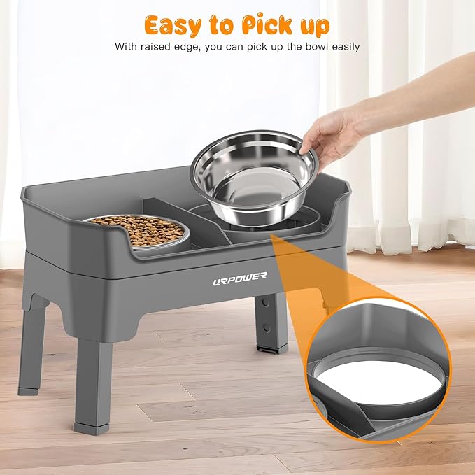 URPOWER 3-in-1 Elevated Dog Bowls - Mess Proof Double Deck 4 Height Adjustable Raised Stand with 2 Stainless Steel Food Bowls & Licking Plate for Small, Medium & Large Dogs